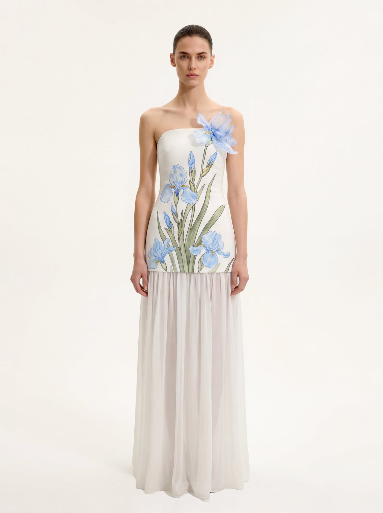 花卉單肩長洋裝 - 白色