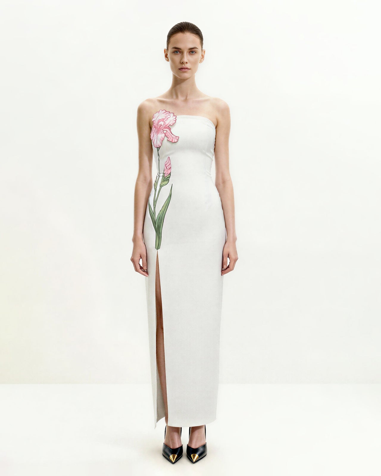 花卉無肩帶長洋裝 - 白色