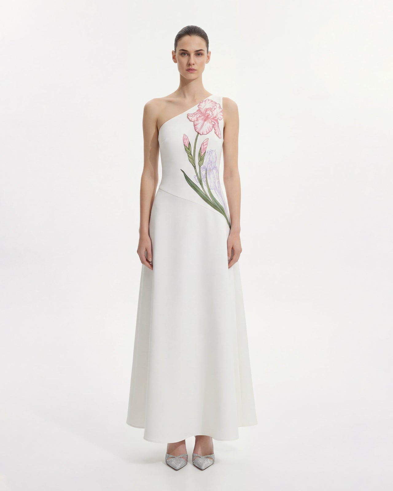 Iris 花卉繞頸緊身洋裝 - 白色
