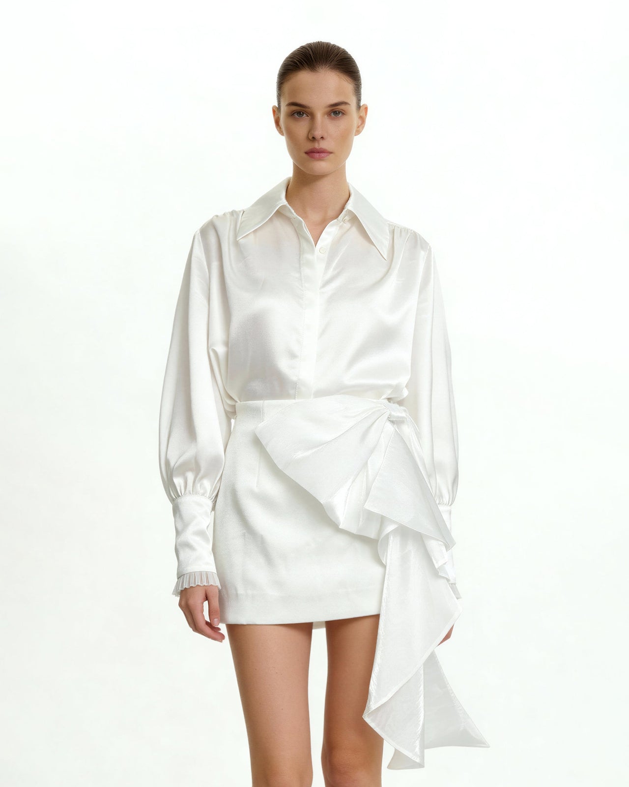 垂墜蝴蝶結迷你裙 - 白色