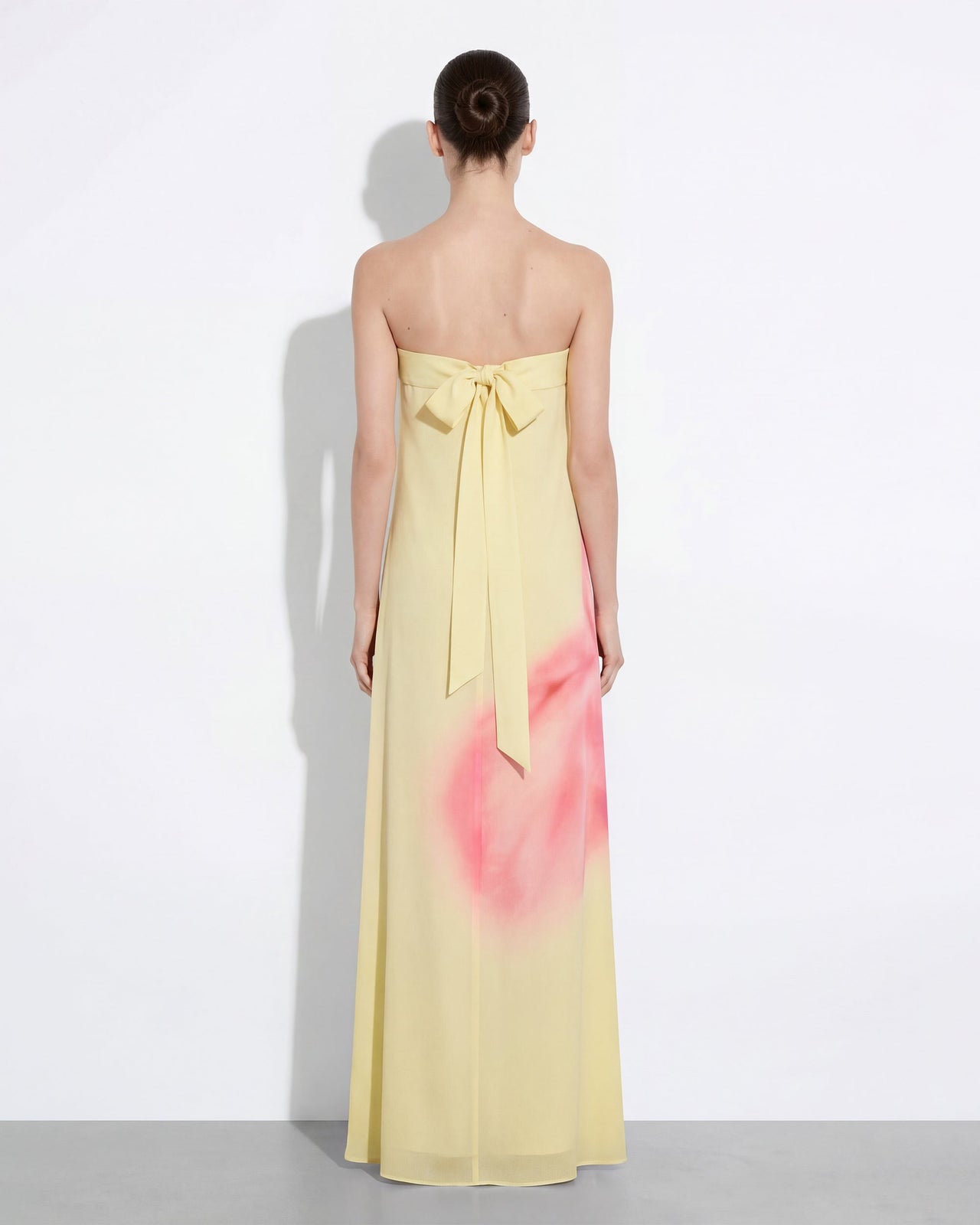 水彩花卉印花無肩帶長洋裝 - 黃色