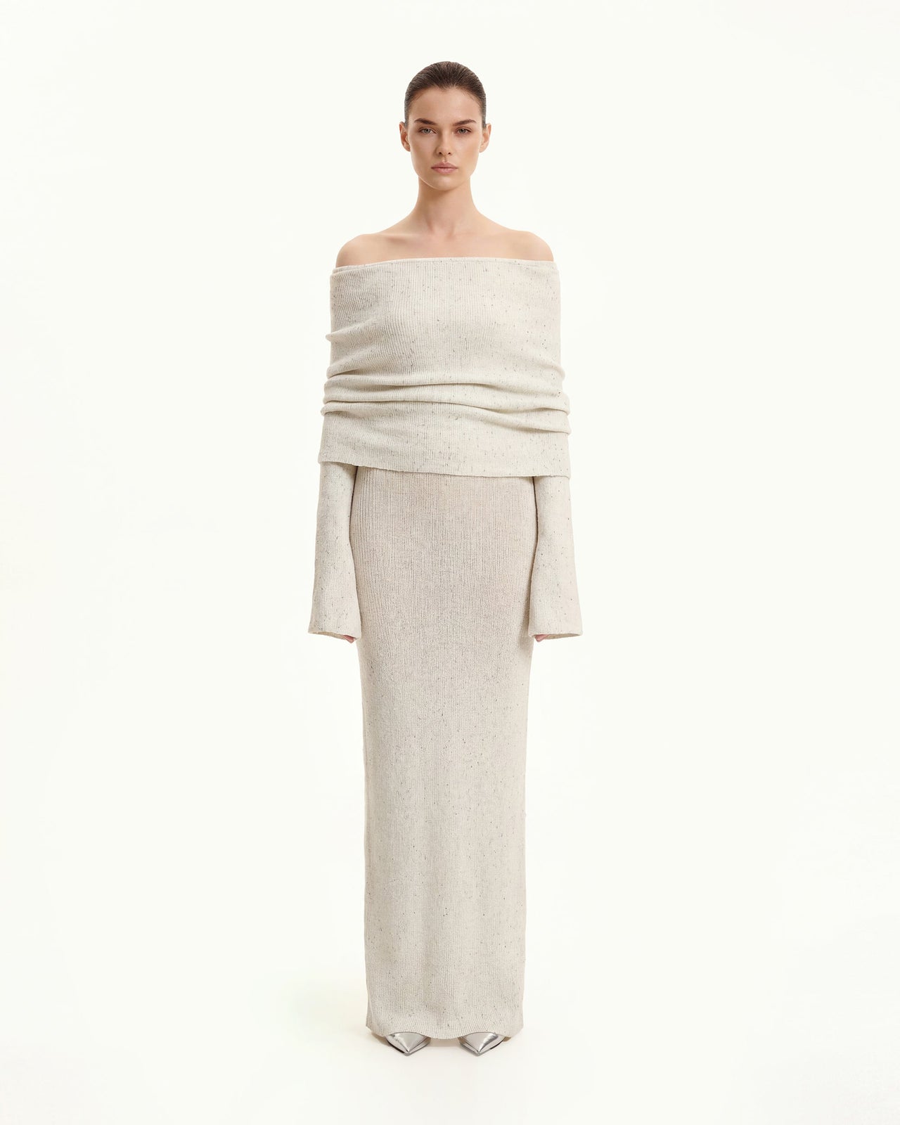 針織露肩長洋裝 - 米白色