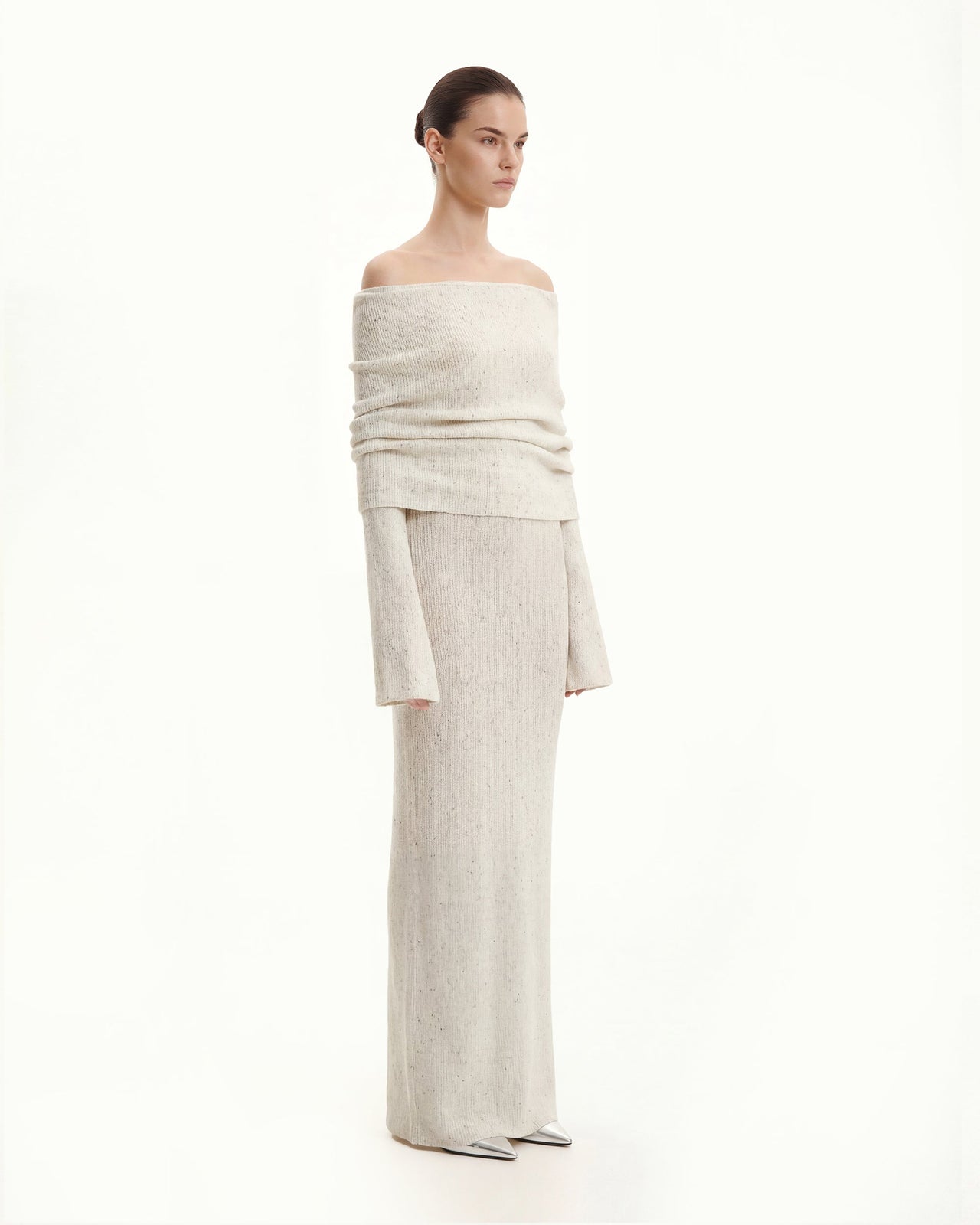 針織露肩長洋裝 - 米白色
