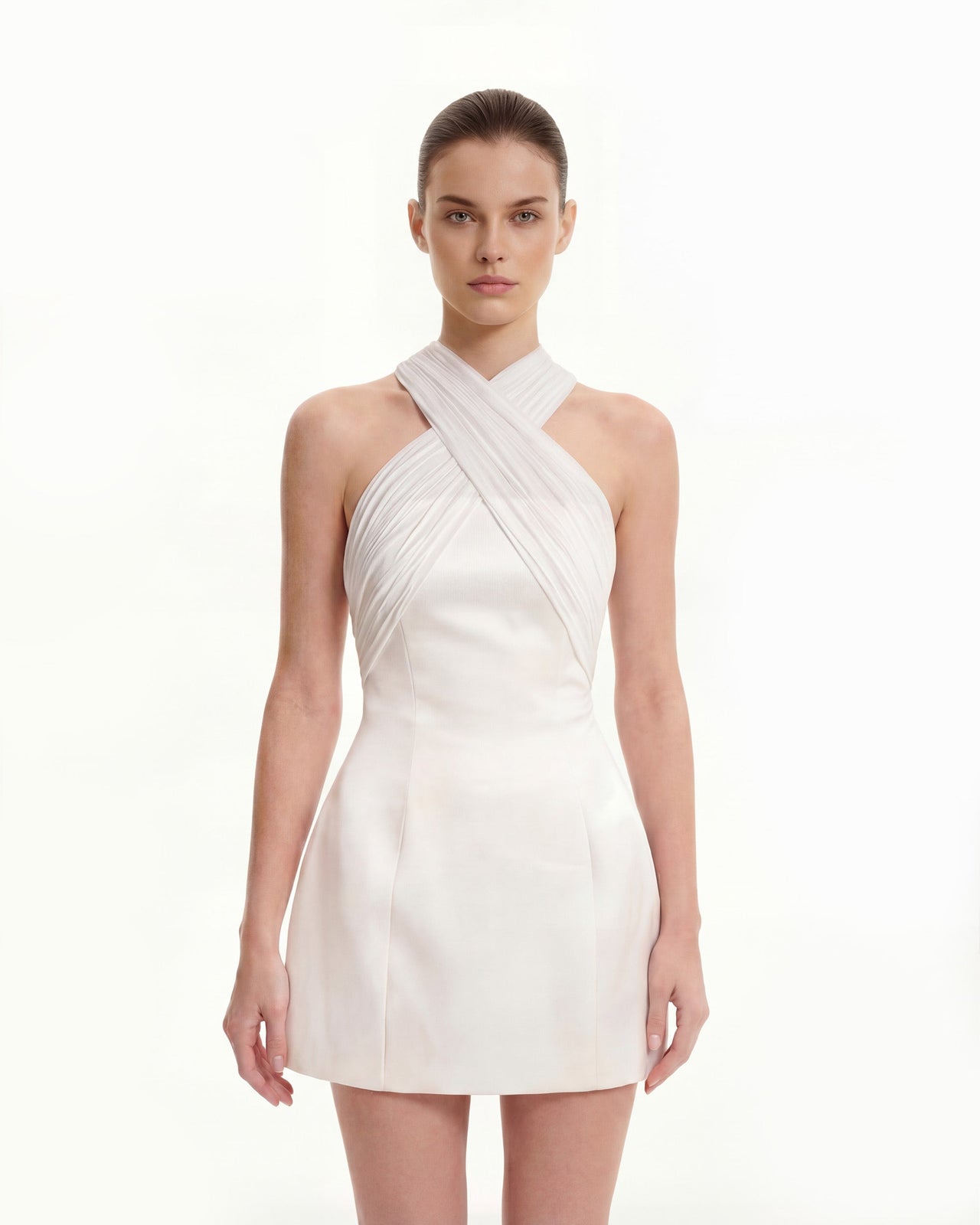 緞面網紗交錯掛頸迷你裙 - 白色