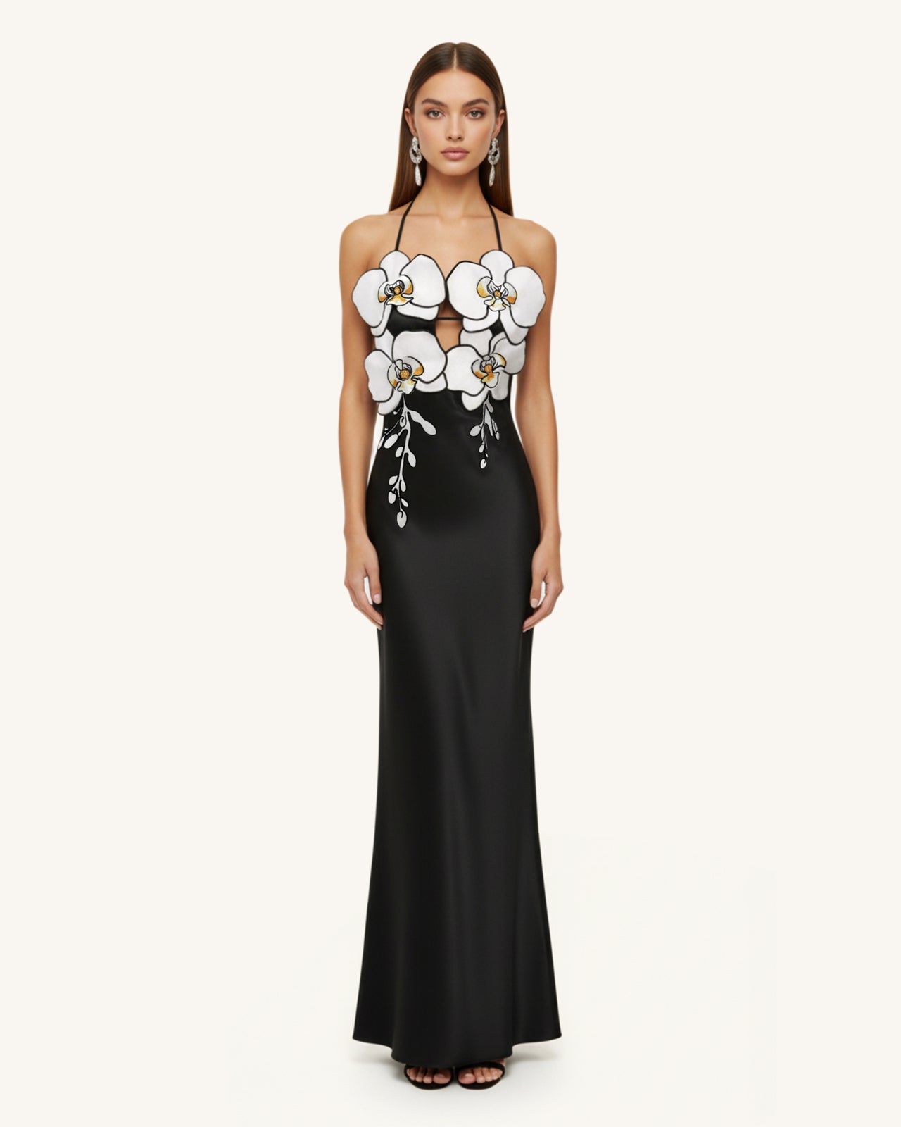 蘭花刺繡洋裝 - 黑色/白色