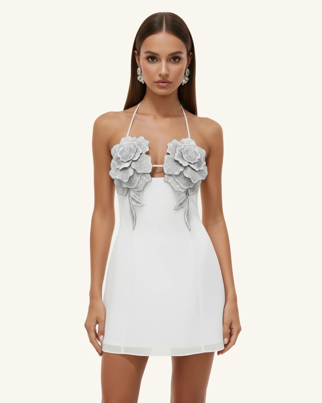 Flower 刺繡迷你洋裝 - 白色