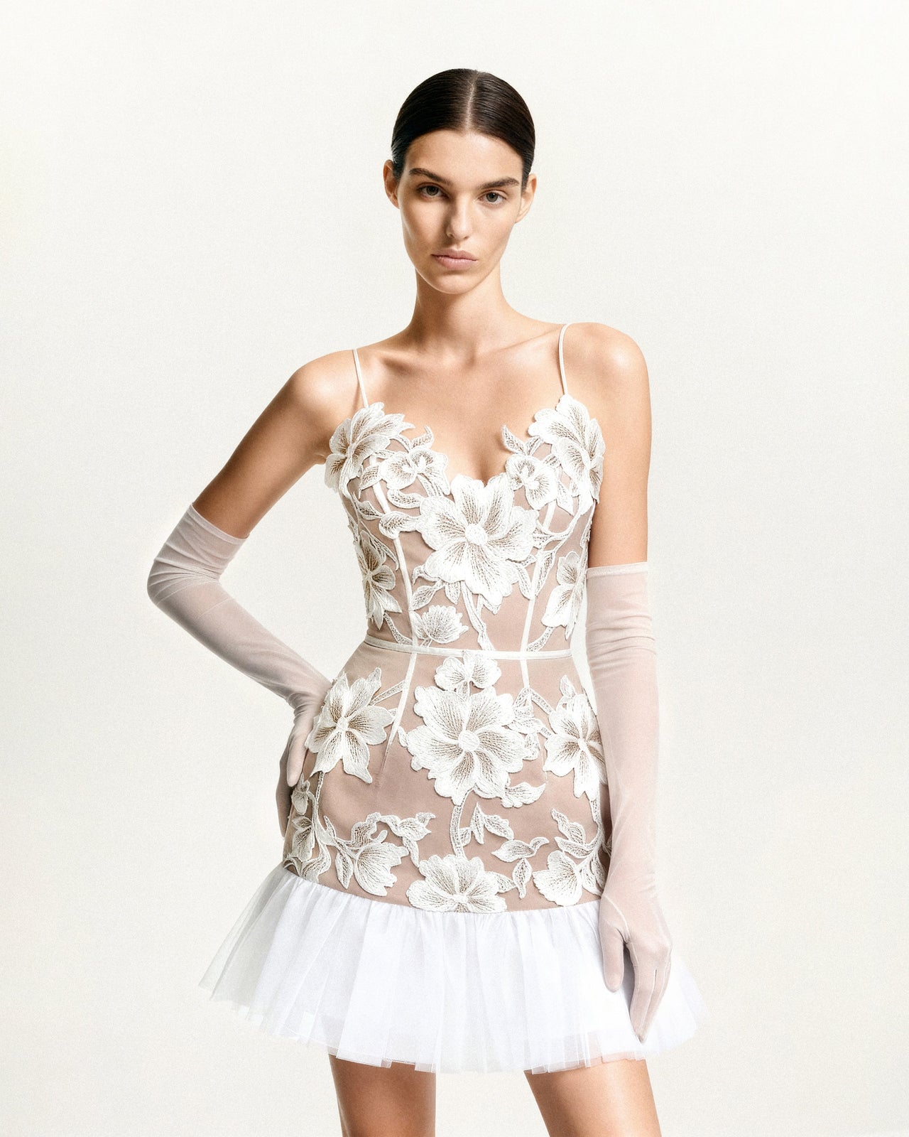 花卉細肩帶迷你洋裝 - 白色