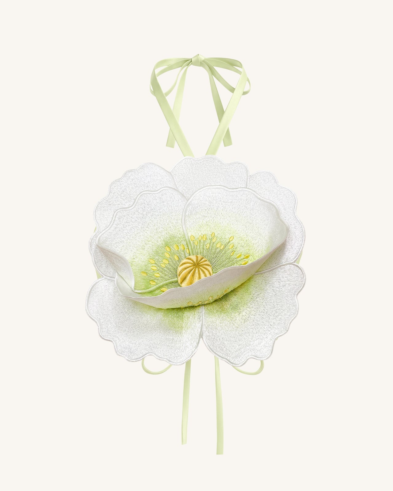 3D花卉挂脖短款上衣 - 象牙白