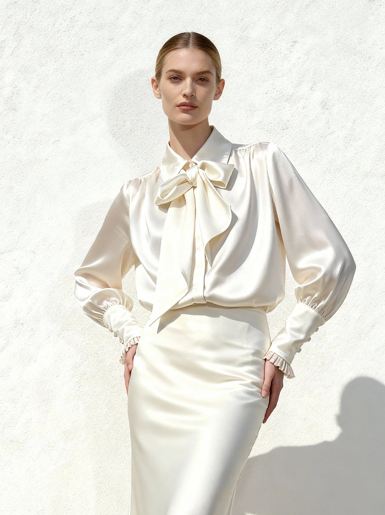 綁帶氣球袖襯衫 – 白色