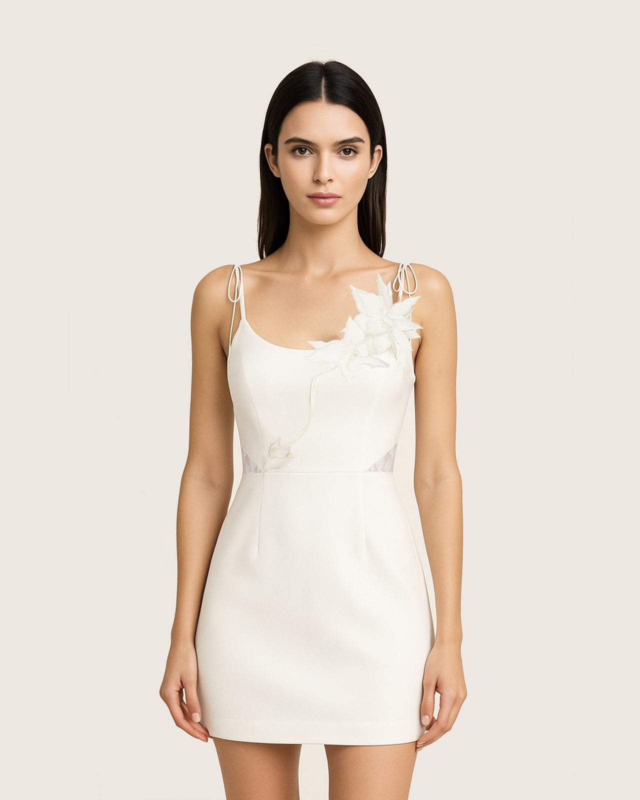 花卉藤蔓綁帶洋裝-白色