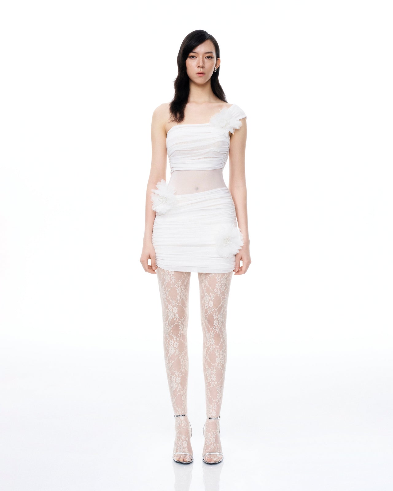 Isidore 3D 立體花卉皺褶迷你洋裝-白色