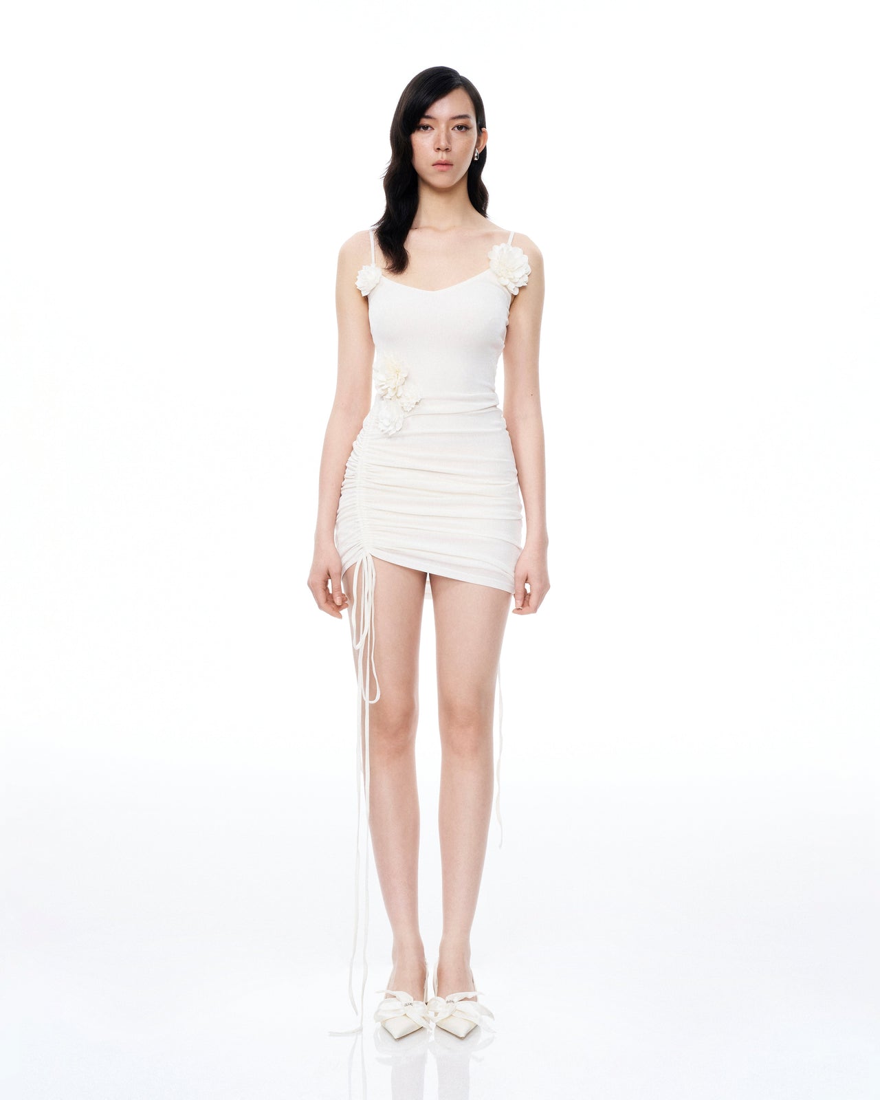 Luciana 3D 立體花卉百褶迷你洋裝-白色