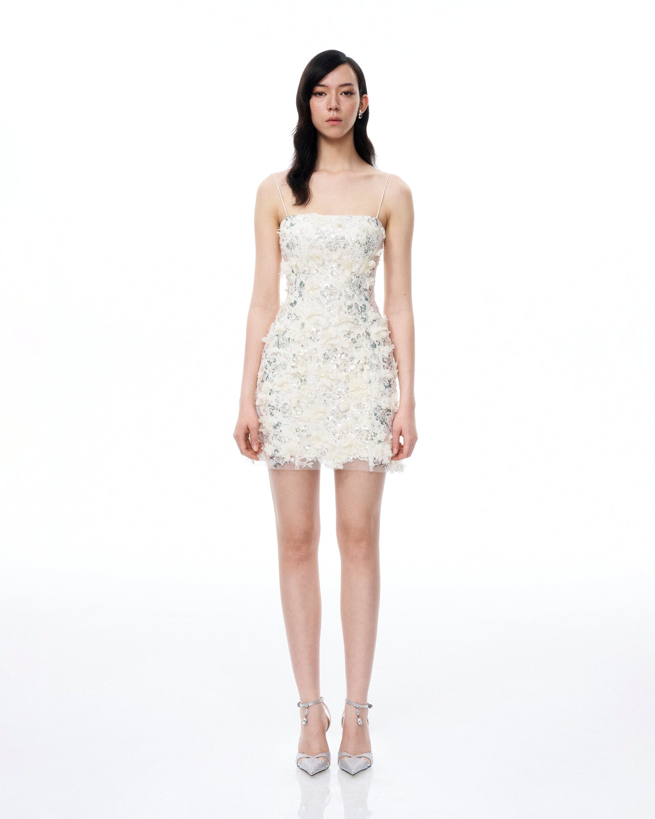 Lysandra 3D 立體花卉亮片迷你洋裝-白色