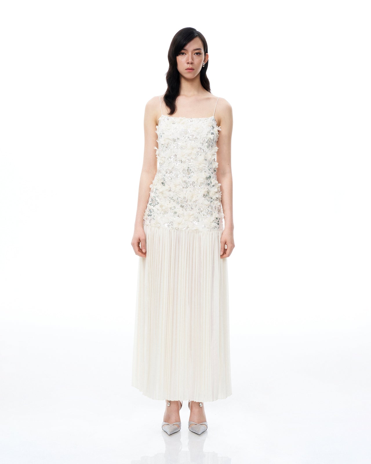 Galadriel 3D 立體花卉亮片長洋裝-白色