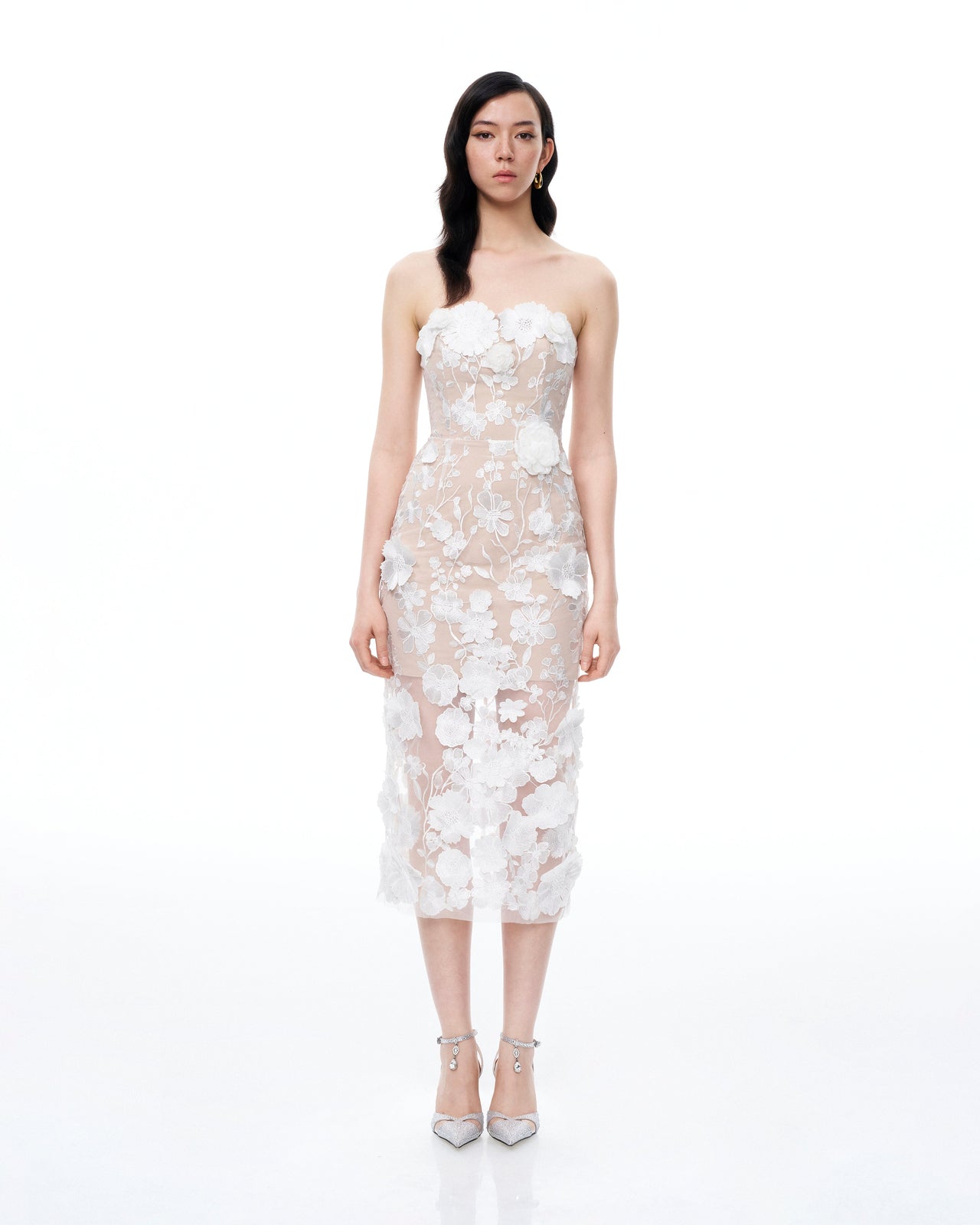 Lysandra 3D立體花卉刺繡長洋裝 - 白色