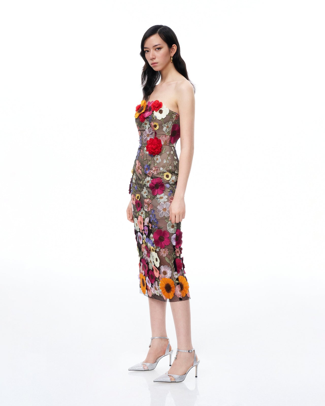 Isolde 3D立體花卉刺繡長洋裝-黑色混色