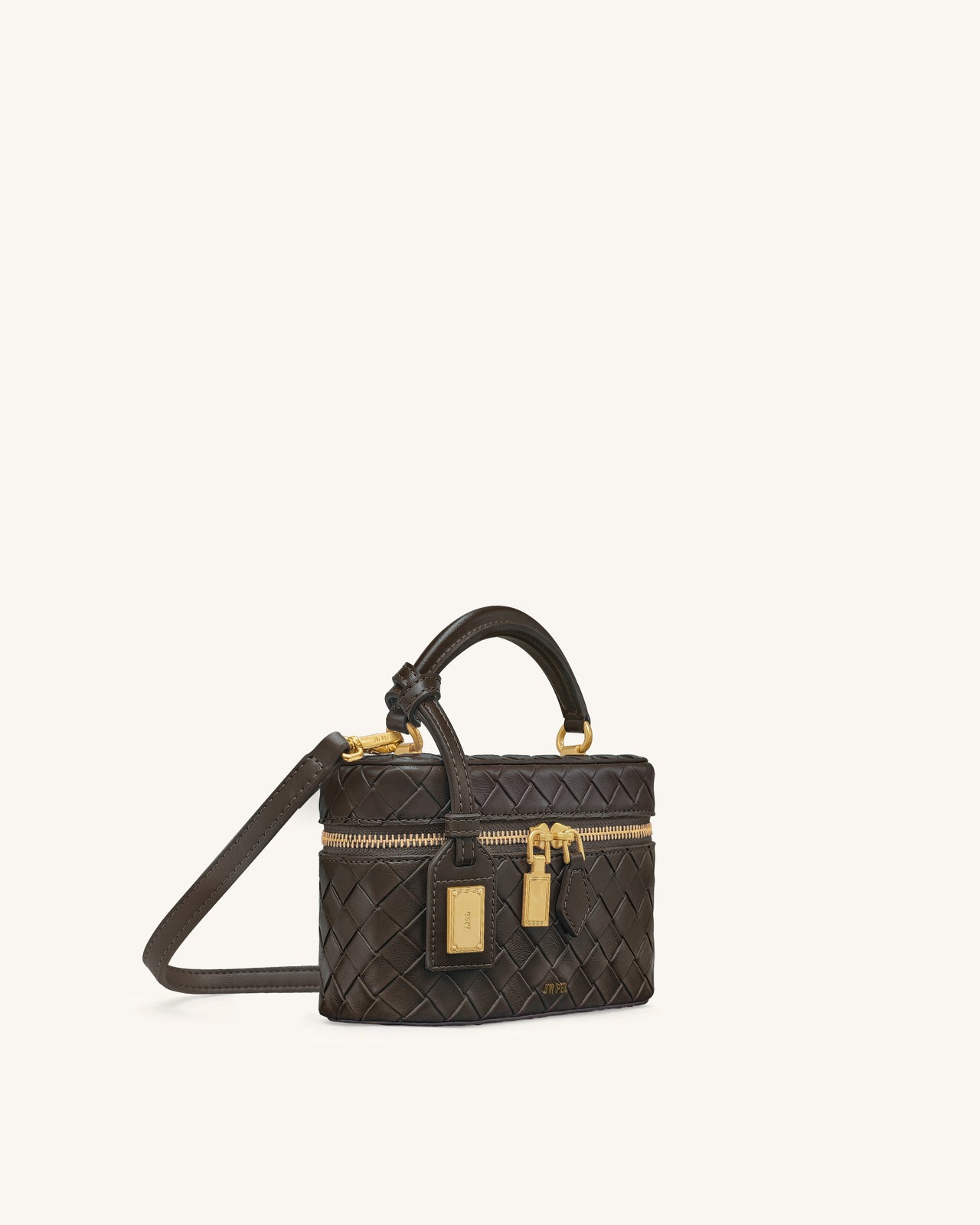 Cleo 編織紋理盒形提把包 - 深棕色