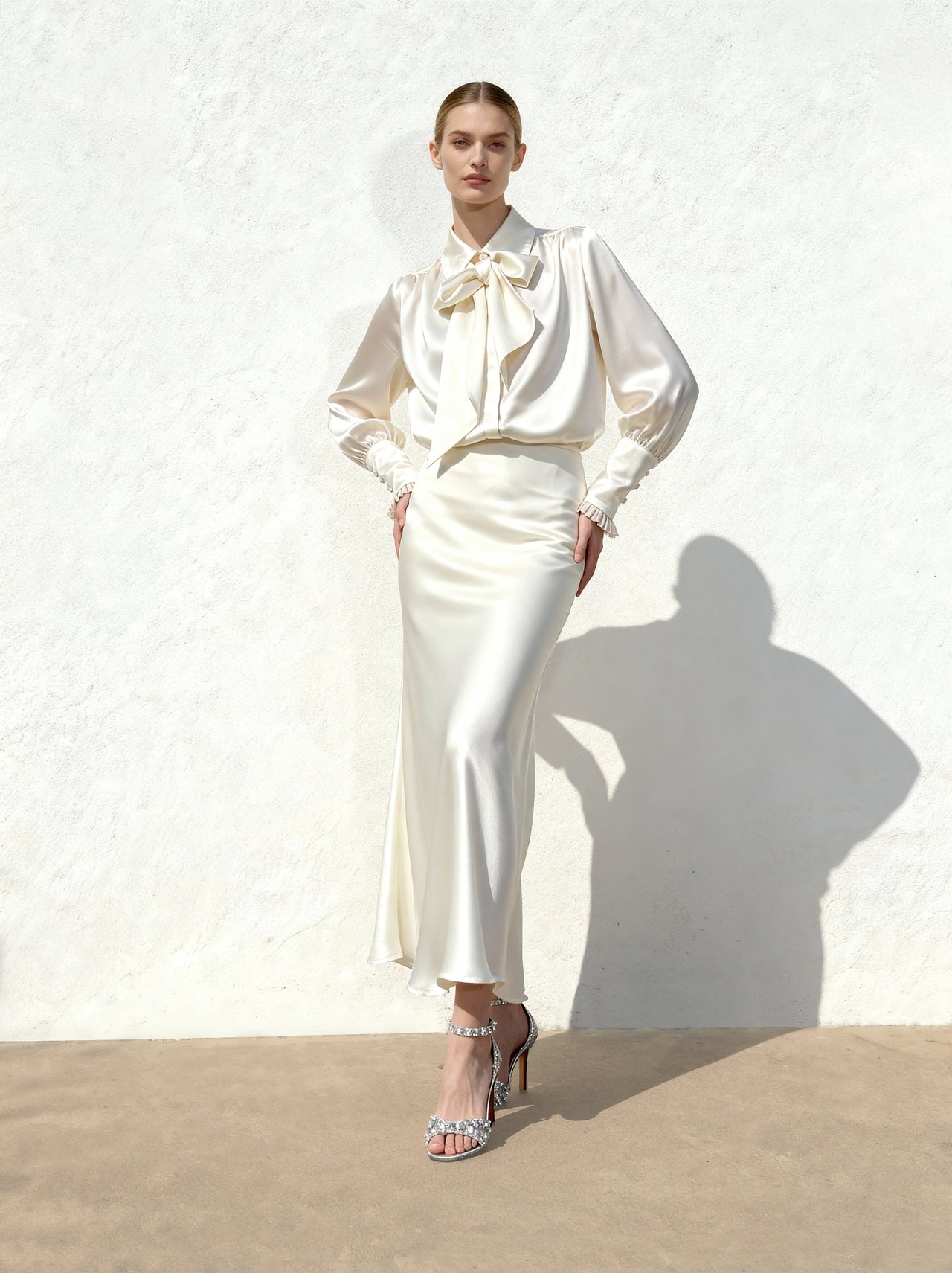 流光緞面美人魚長裙 – 白色