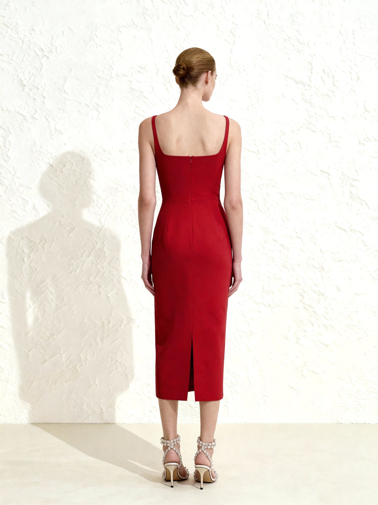 立體花卉貼花方領緊身中長洋裝 - 紅色