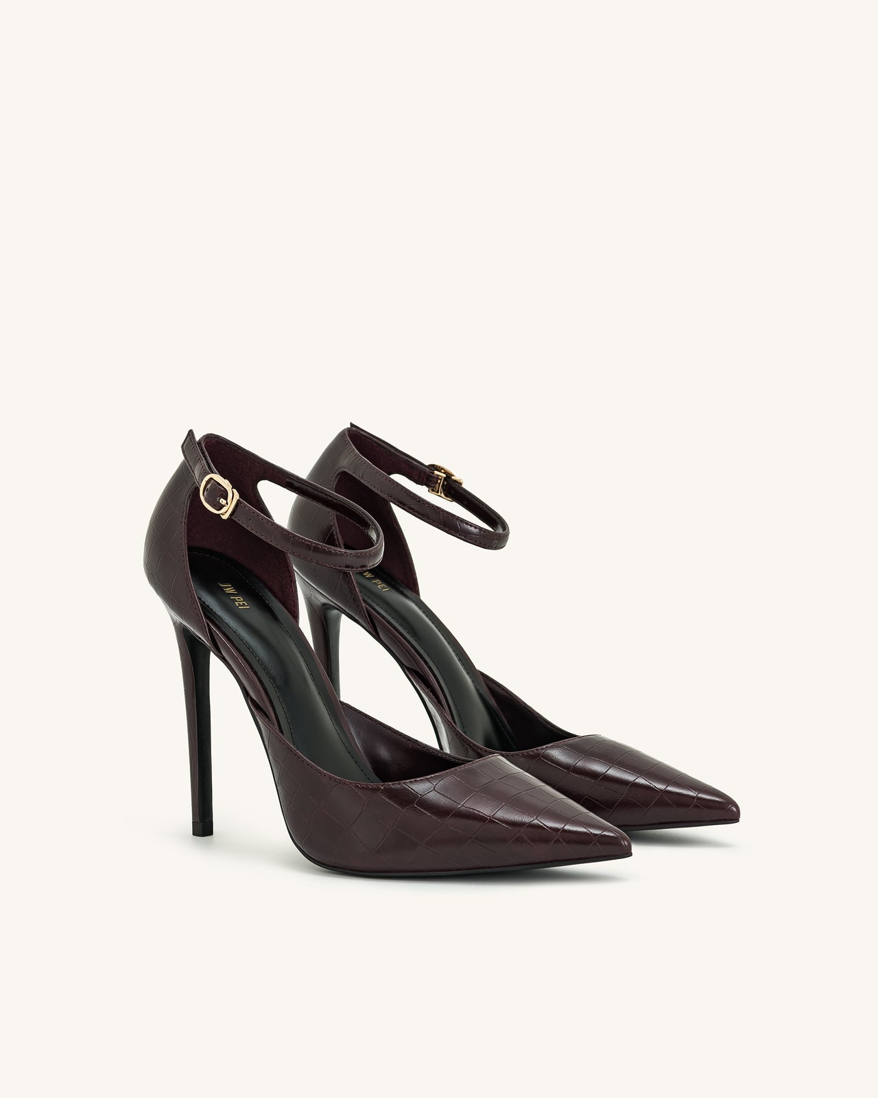 Leah 鱷魚紋踝帶高跟鞋-酒紅色