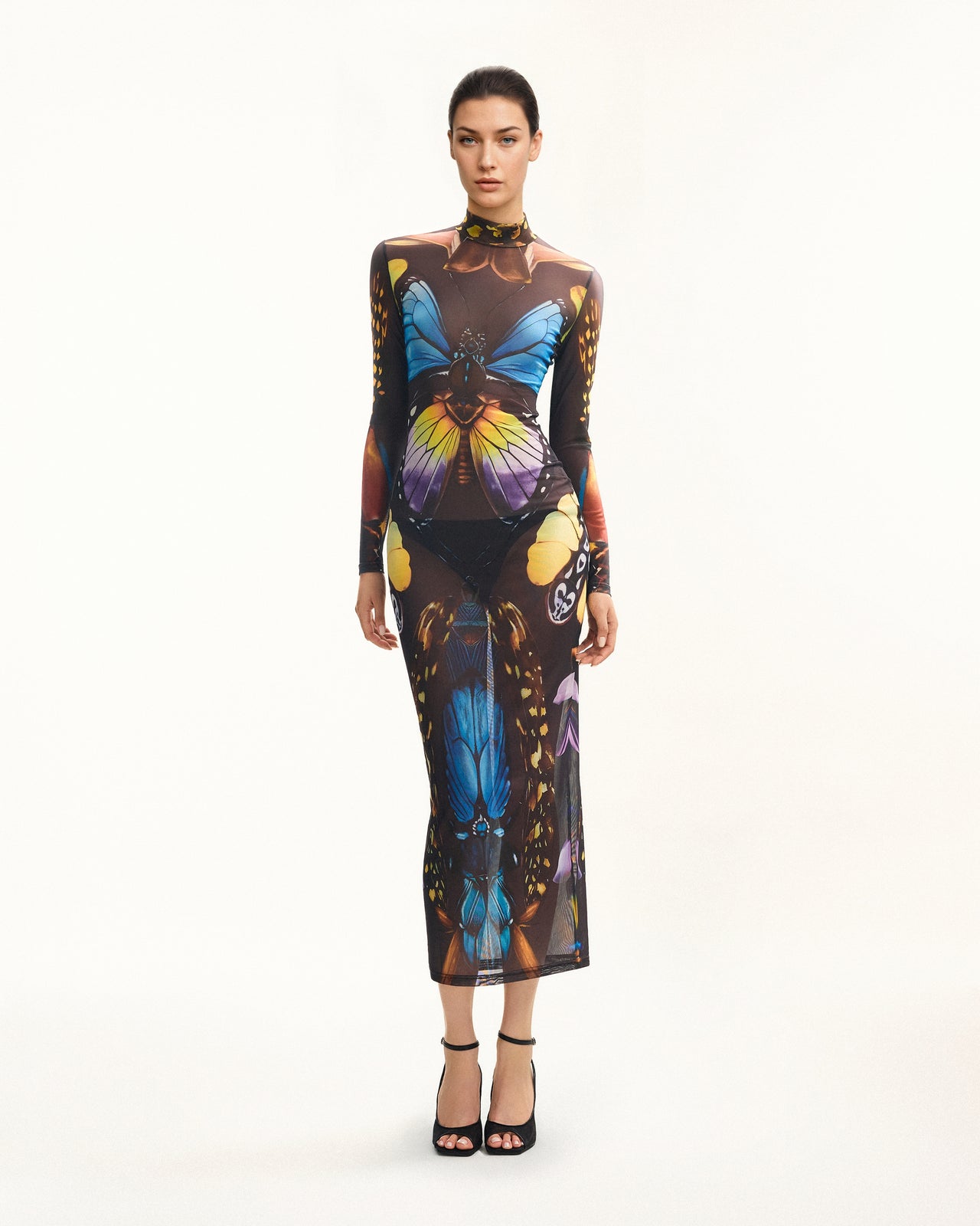 蝴蝶圖案網紗長洋裝 - 多色