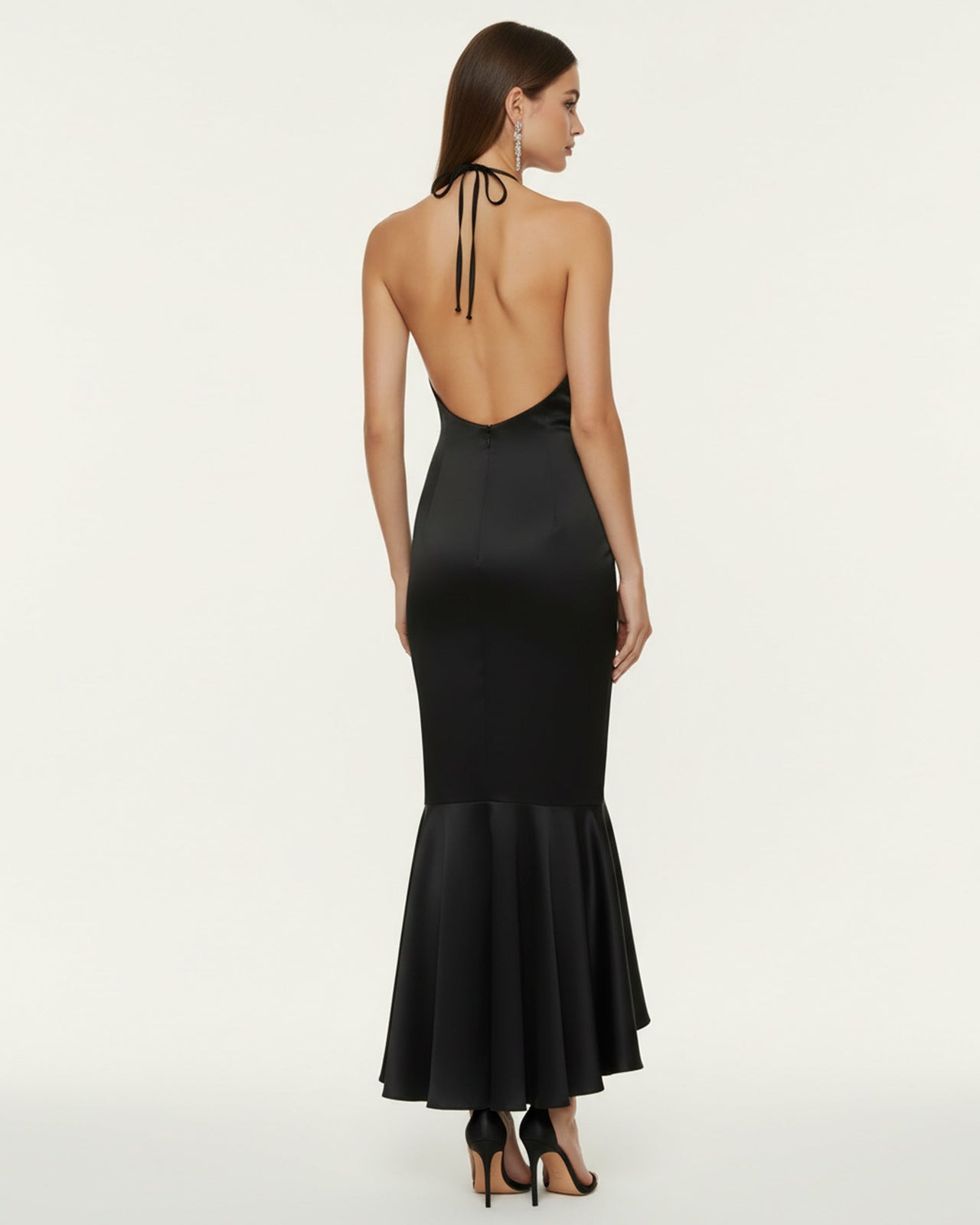 蘭花刺繡掛頸高低擺中長款魚尾裙 - 黑色