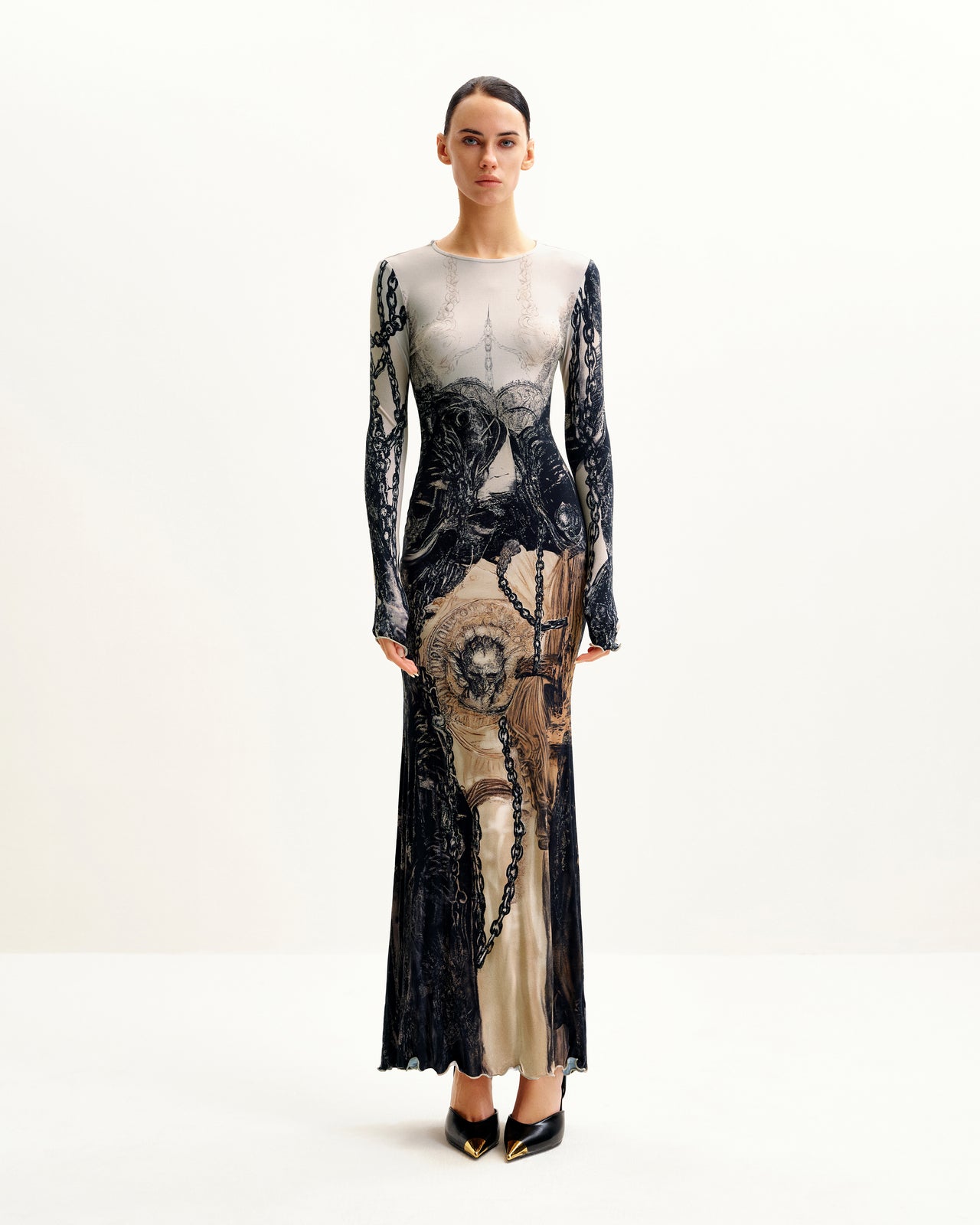 Isabella 復古印花洋裝 - 棕色與黑色