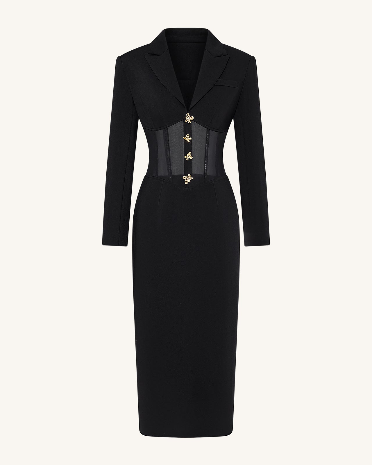 透膚束腰馬甲西裝式長洋裝 - 黑色