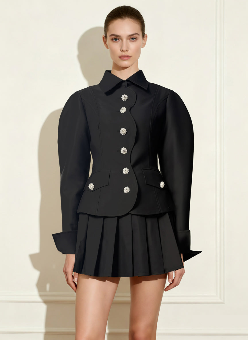 波浪邊門襟羊腿袖西裝外套 - 黑色