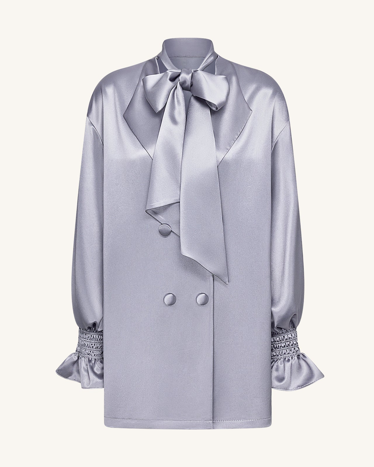 綁帶氣球袖長版西裝外套 – 銀色