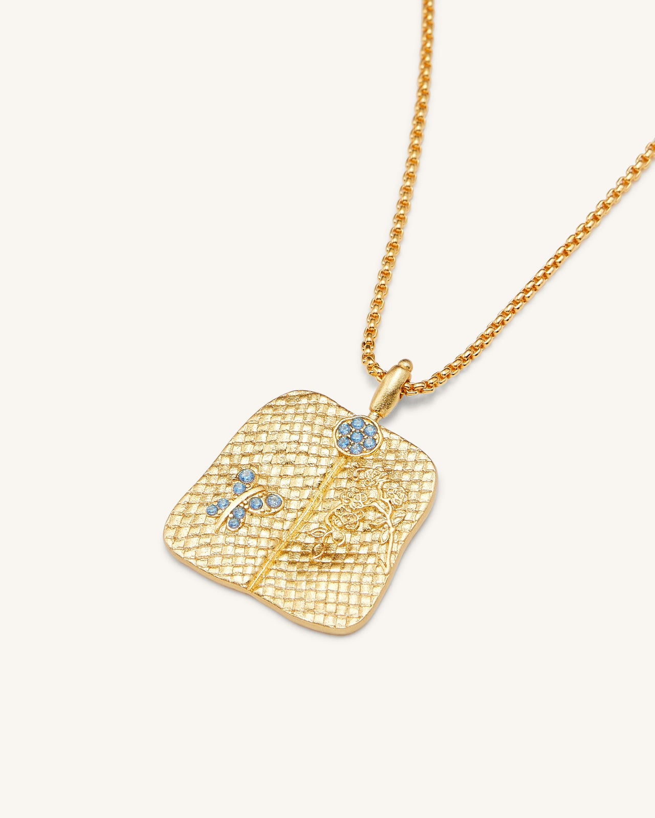 車前草扇形吊墜項鍊 - 18ct 鍍金 & 海藍色鋯石 & 綠色納米