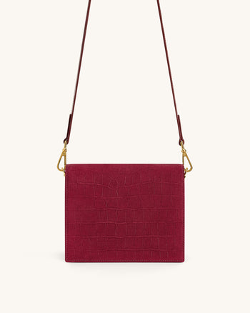 迷你翻蓋仿麂皮鱷魚紋壓花斜背包 - 酒紅色
