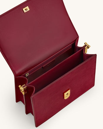 迷你翻蓋仿麂皮鱷魚紋壓花斜背包 - 酒紅色