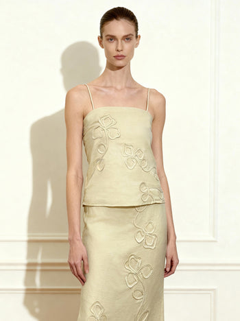 亞麻繩繡細肩帶背心 - 原色