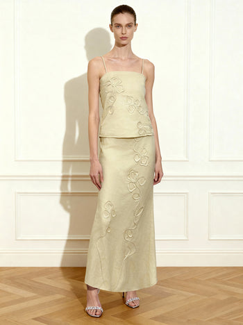 亞麻繩繡細肩帶背心 - 原色