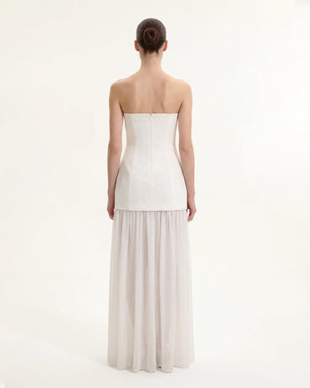 花卉單肩長洋裝 - 白色