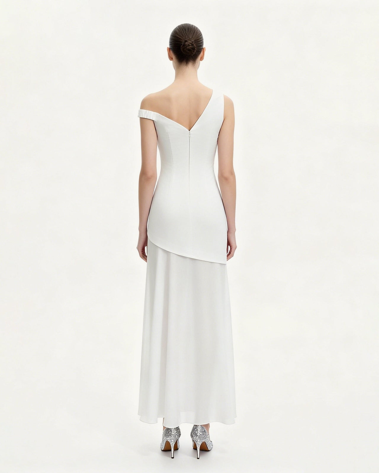 花卉不對稱長洋裝 - 白色