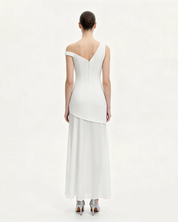 花卉不對稱長洋裝 - 白色