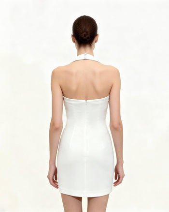 花卉繞頸緊身洋裝 - 白色