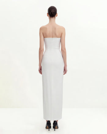 花卉無肩帶長洋裝 - 白色