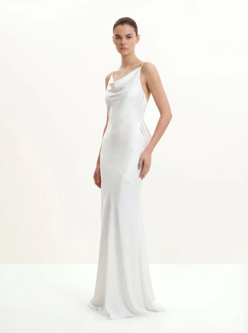 Satin 垂墜領露背蝴蝶結長洋裝 - 白色