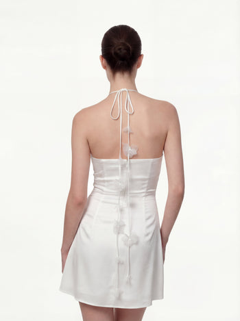 花卉褶皺繞頸迷你洋裝 - 白色