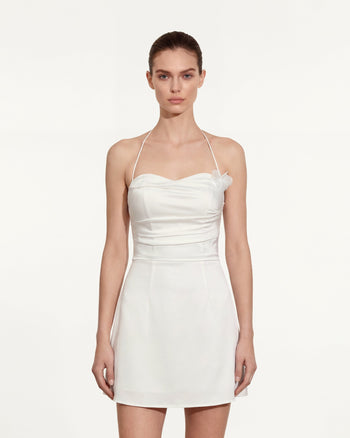 花卉褶皺繞頸迷你洋裝 - 白色