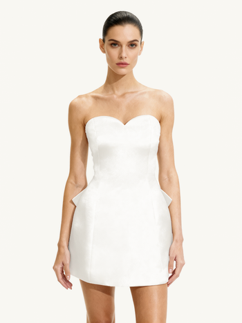 緞面無肩帶背部蝴蝶結迷你洋裝 - 白色