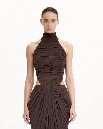 抓皺扭結掛脖連體衣 - 棕色