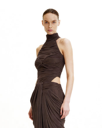 抓皺扭結掛脖連體衣 - 棕色