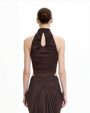 抓皺扭結掛脖連體衣 - 棕色