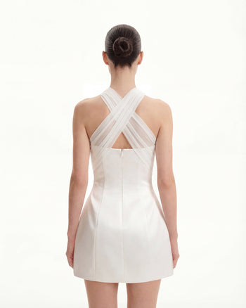 緞面網紗交錯掛頸迷你裙 - 白色