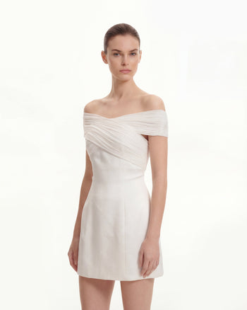 緞面網紗交錯掛頸迷你裙 - 白色