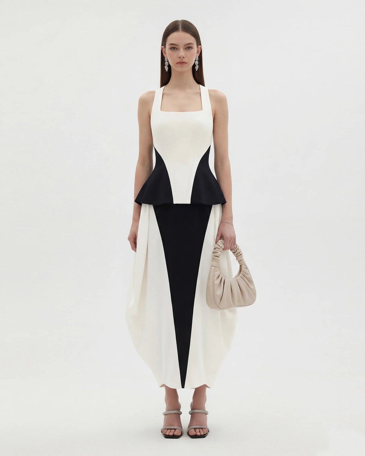 單色拼接方領荷葉邊上衣 - 黑色